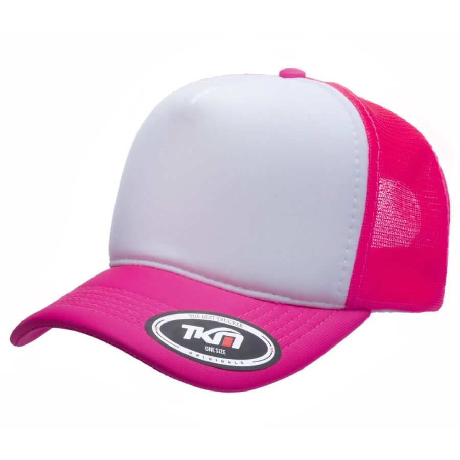 Boné Trucker Poliéster Rosa Fluor Com Frente Branca - Cód 250